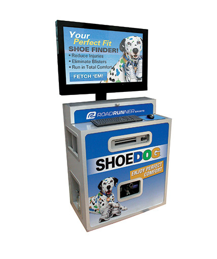 shoe dog retail video display pop fixture