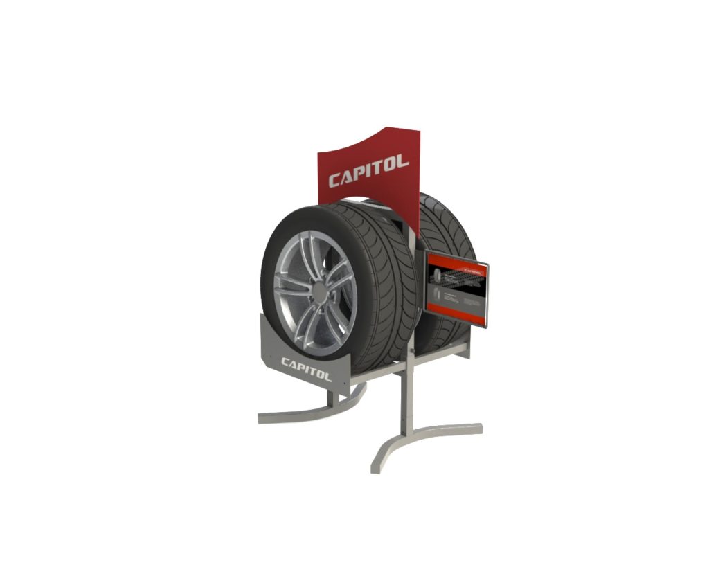 single tiered Capitol tire display for retail environment